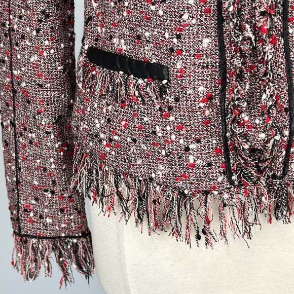 McGinn Red Bijou Tweed Fringe Blazer Wool Blend Hook Front size 8 - Picture 6 of 13